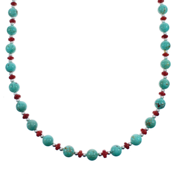 Southwestern Turquoise and Coral Sterling Silver Bead Necklace JX124635